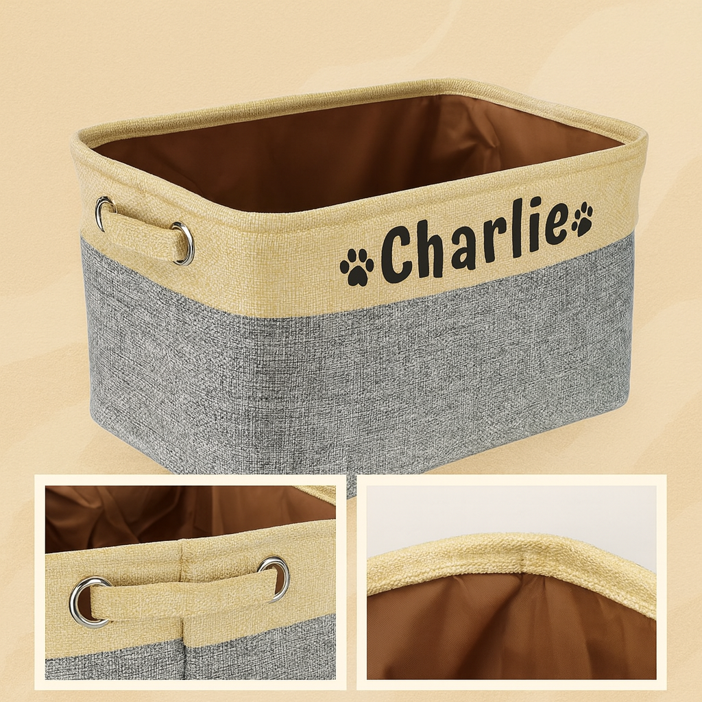 panier personnalisé avec nom chat chien pour ranger jouets