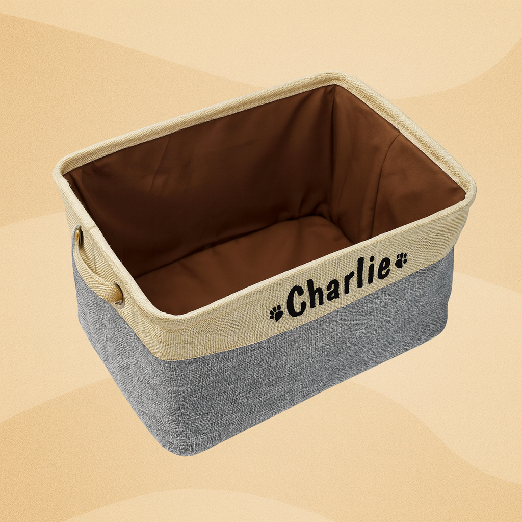 panier personnalisé avec nom chat chien pour ranger jouets