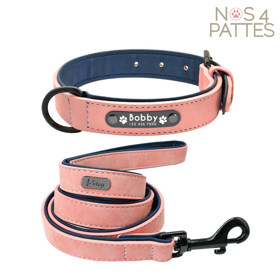 ceinture et laisse personnalisable avec prénom et téléphone chat chien couleur rose